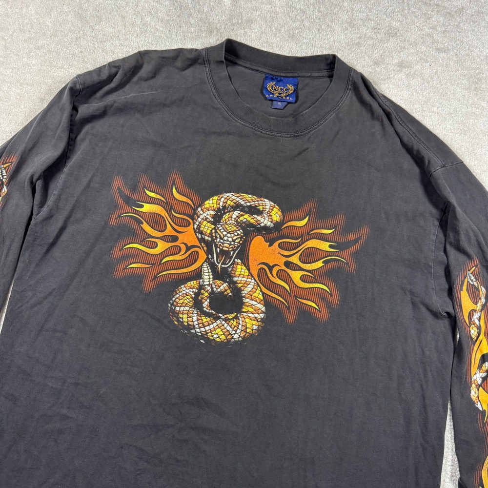 NCC Apparel T-Shirt Mens XL Black B&M Custom Cycles Snake Flame Long Sleeve Tee